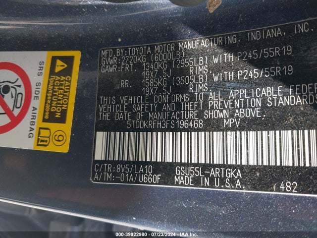 5TDDKRFH3FS196468 Toyota Highlander Limited V6