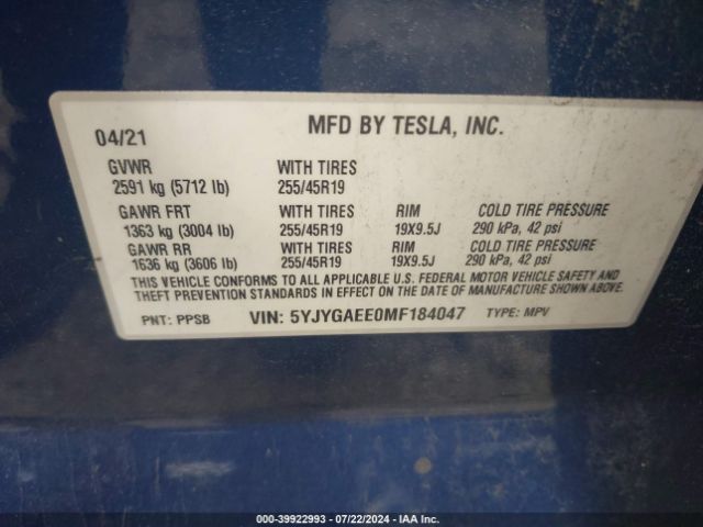 5YJYGAEE0MF184047 Tesla Model Y Long Range Dual Motor All-wheel Drive