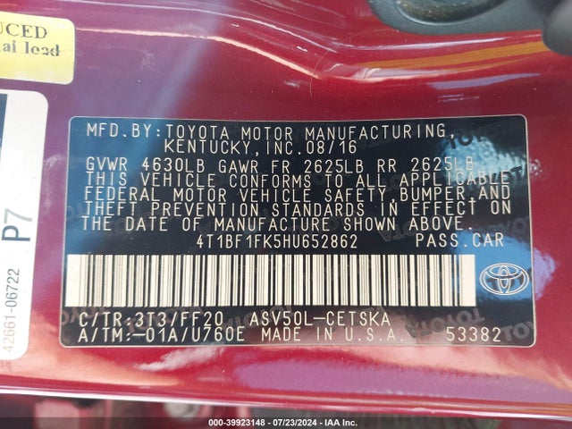 Toyota CAMRY SE 2017 4T1BF1FK5HU652862 Image 9