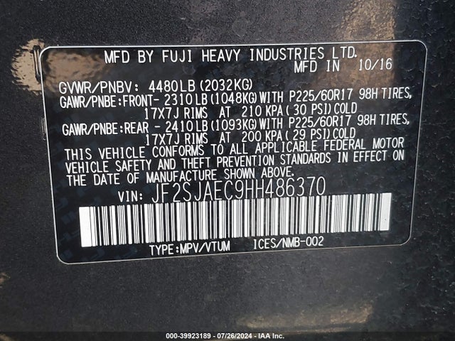 Subaru Forester 2.5i Premium 2017 JF2SJAEC9HH486370 Image 9