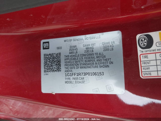 Chevrolet Camaro Rwd  Lt1 2023 1G1FF1R73P0106153 Image 9