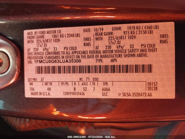 Ford ESCAPE SE 2020 1FMCU0G63LUA35300 Image 9