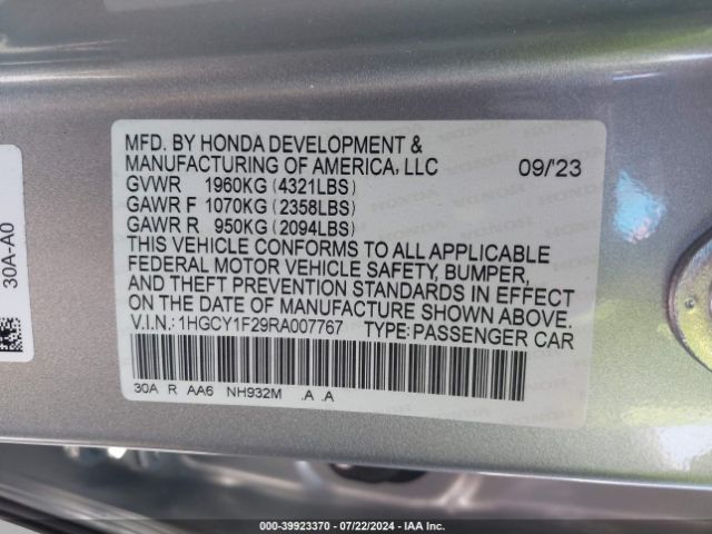 1HGCY1F29RA007767 Honda ACCORD LX