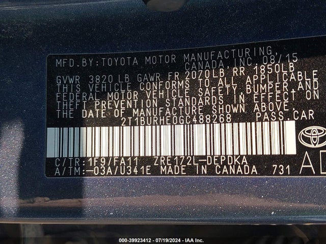 Toyota COROLLA L 2016 2T1BURHE0GC488268 Image 9