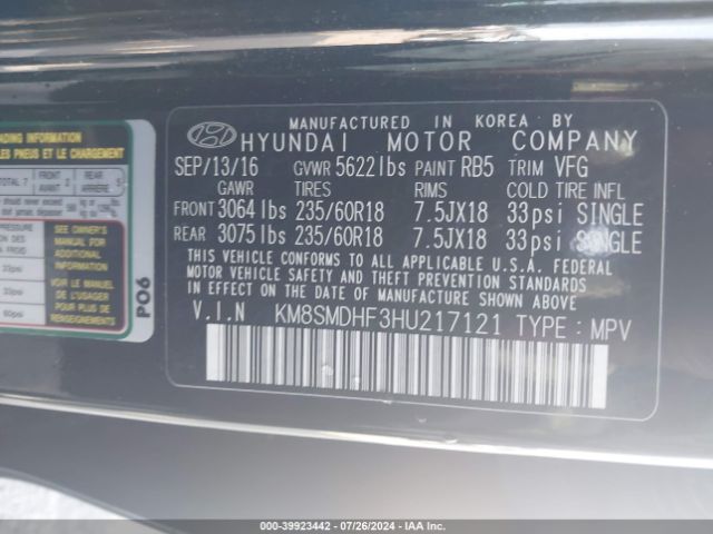 KM8SMDHF3HU217121 Hyundai Santa Fe Se