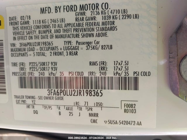 Ford Fusion Hybrid Se 2018 3FA6P0LU2JR198365 Image 9