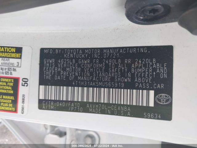 4T1H31AK5MU565919 Toyota Camry Le Hybrid