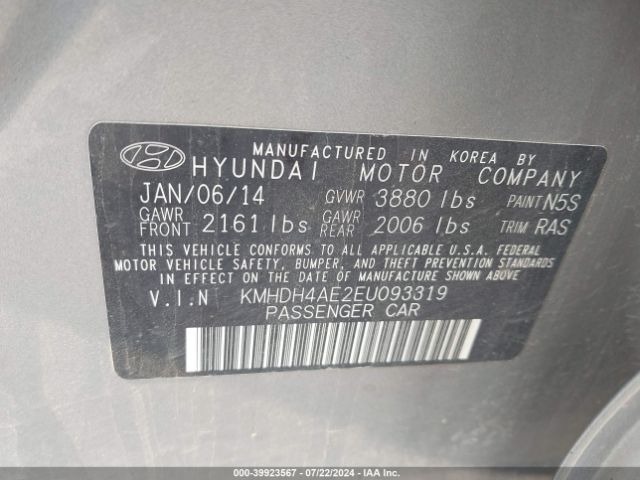 KMHDH4AE2EU093319 Hyundai ELANTRA SE