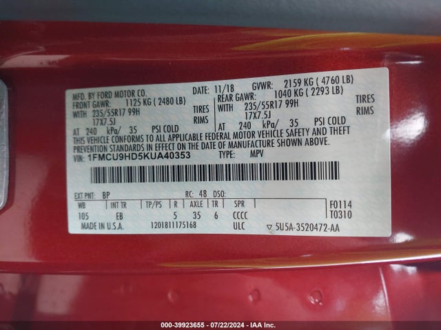 Ford ESCAPE SEL 2019 1FMCU9HD5KUA40353 Image 9