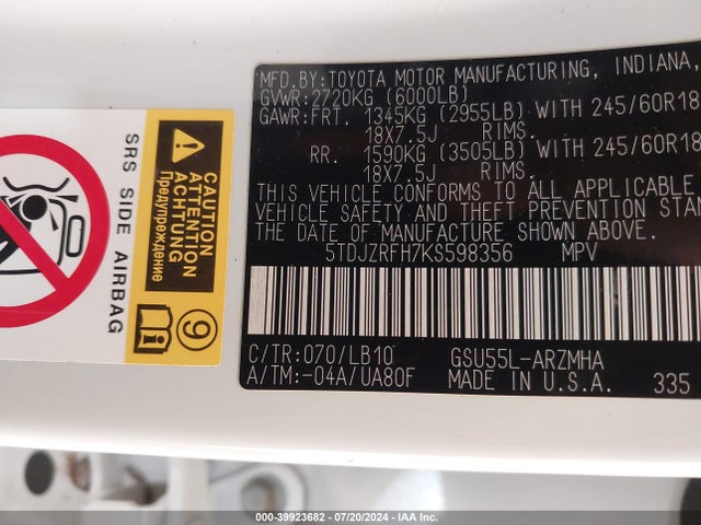 Toyota Highlander Xle 2019 5TDJZRFH7KS598356 Image 9