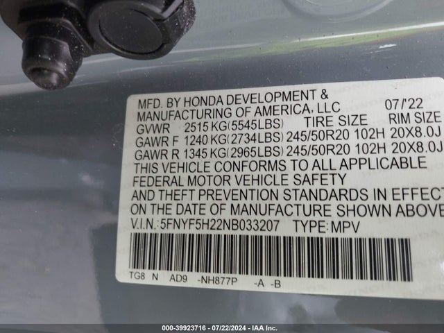 Honda Pilot 2wd Special Edition 2022 5FNYF5H22NB033207 Image 9