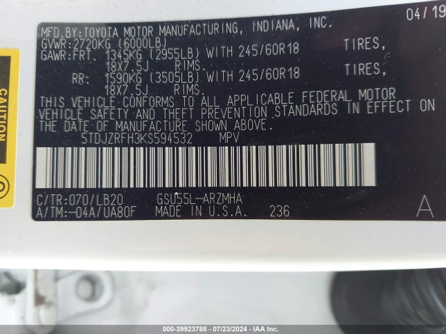 Toyota Highlander Xle 2019 5TDJZRFH3KS594532 Image 9