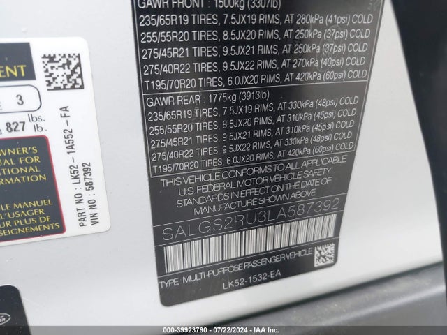 SALGS2RU3LA587392 Land Rover Range Rover Hse