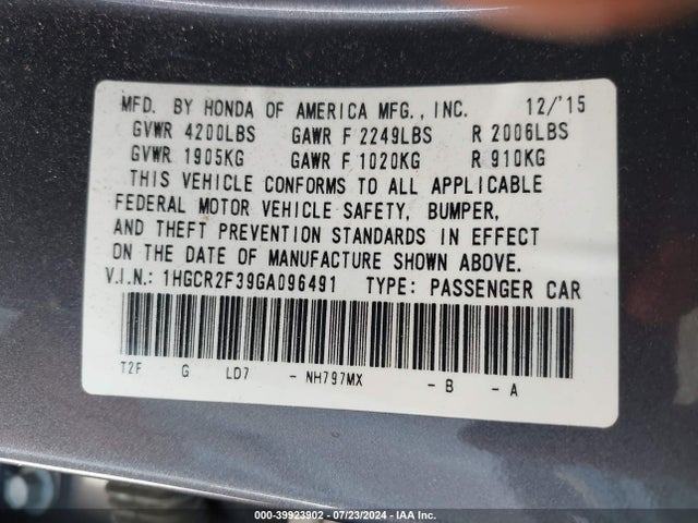 Honda ACCORD LX 2016 1HGCR2F39GA096491 Image 9