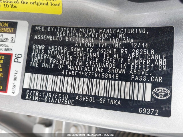 Toyota CAMRY LE 2015 4T4BF1FK7FR468848 Image 9