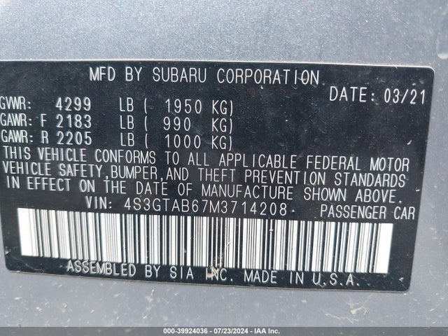 4S3GTAB67M3714208 Subaru Impreza 5-door