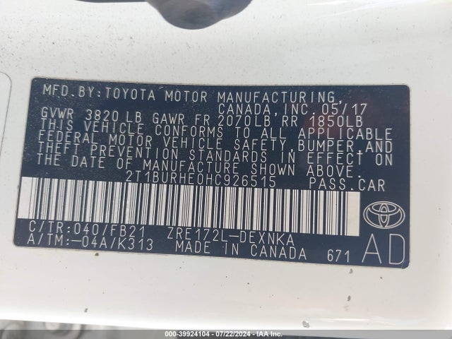 Toyota COROLLA LE 2017 2T1BURHE0HC926515 Image 9