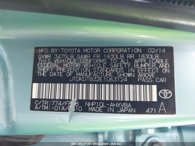 JTDKDTB32E1063124 Toyota Prius C Two