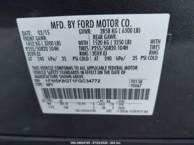 1FM5K8GT1FGC34772 Ford EXPLORER SPORT