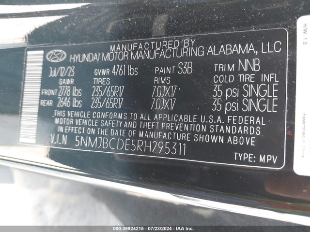 5NMJBCDE5RH295311 Hyundai TUCSON SEL