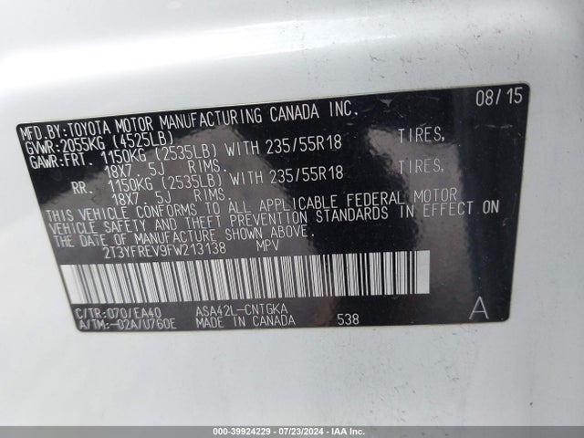 Toyota Rav4 Limited 2015 2T3YFREV9FW213138 Image 9