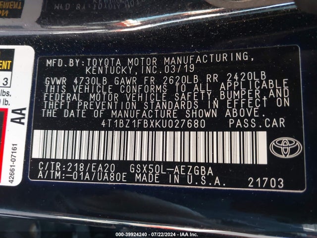 Toyota AVALON XLE 2019 4T1BZ1FBXKU027680 Image 9