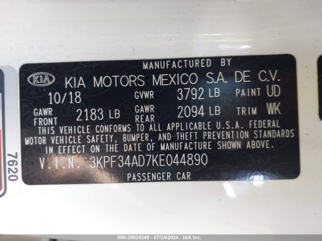 3KPF34AD7KE044890 KIA FORTE S