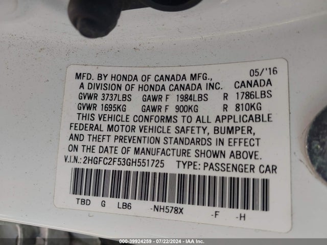 Honda Civic Lx 2016 2HGFC2F53GH551725 Image 9