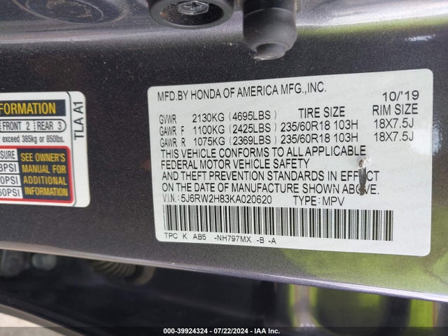 Honda Cr-v Ex-l 2019 5J6RW2H83KA020620 Image 9