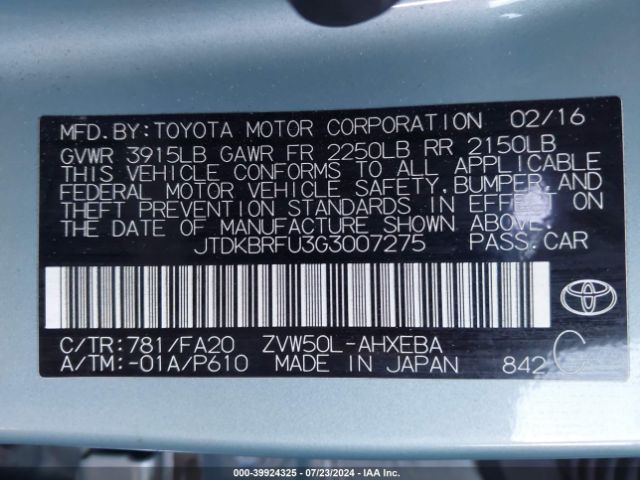 JTDKBRFU3G3007275 Toyota Prius Two