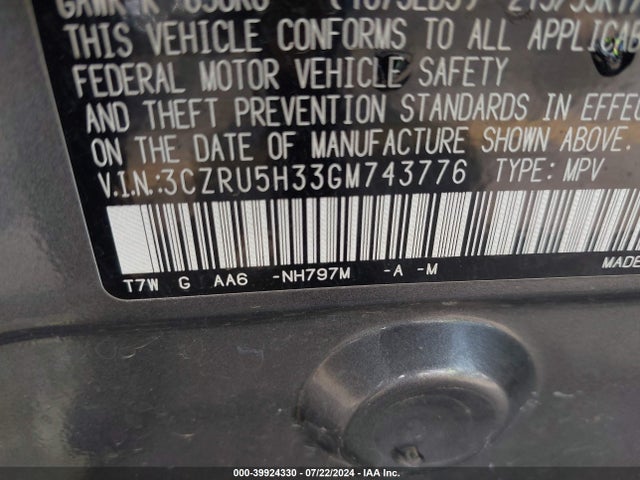 Honda HR-V LX 2016 3CZRU5H33GM743776 Image 9