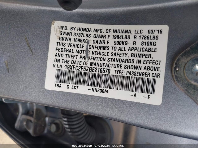 Honda Civic Lx 2016 19XFC2F5XGE216570 Image 9