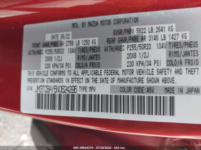 JM3TCBAY5N0624296 Mazda Cx-9 Touring Plus
