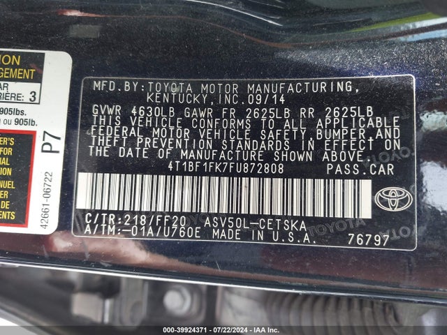 Toyota CAMRY SE 2015 4T1BF1FK7FU872808 Image 9