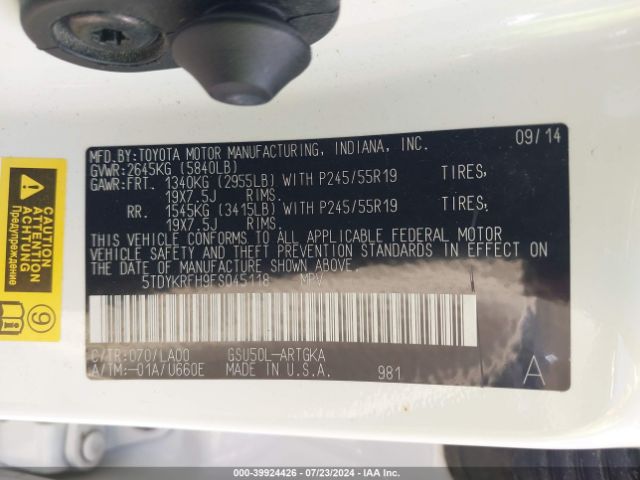 5TDYKRFH9FS045118 Toyota Highlander Limited V6