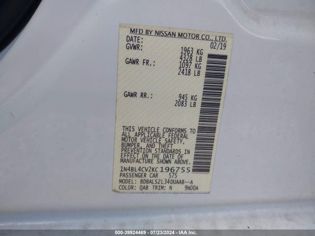 Nissan Altima 2.5 Sr 2019 1N4BL4CV2KC196755 Image 9