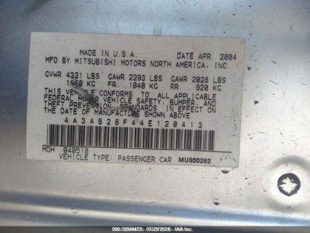 2004 MITSUBISHI GALANT 4A3AB26F44E120413 Photo 8