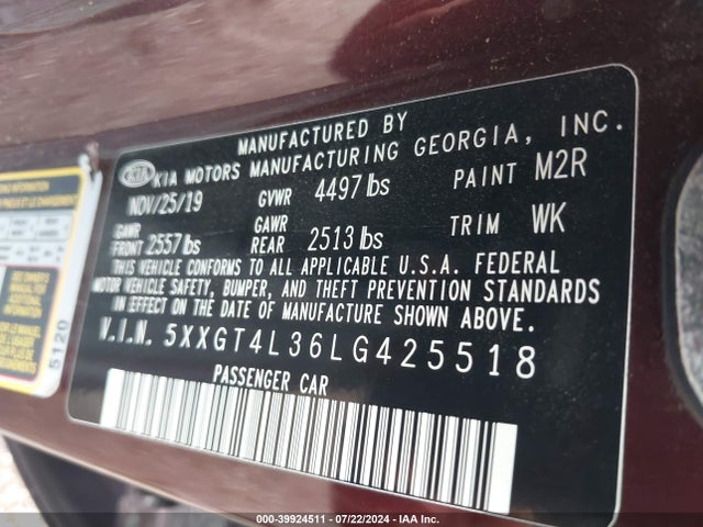 KIA Optima Lx 2020 5XXGT4L36LG425518 Image 9
