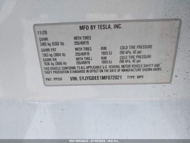 5YJYGDEE1MF072021 Tesla Model Y Long Range Dual Motor All-wheel Drive