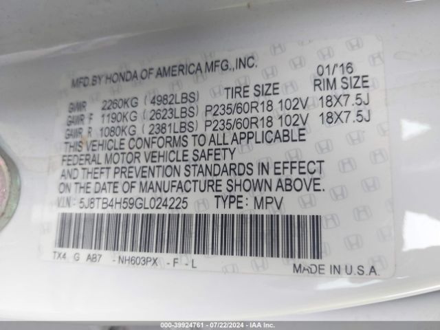 5J8TB4H59GL024225 Acura Rdx Technology   Acurawatch Plus Packages/technology Package