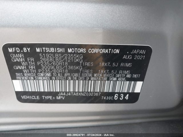 JA4J4TA8XNZ032367 Mitsubishi Outlander Es 2.5 S-awc