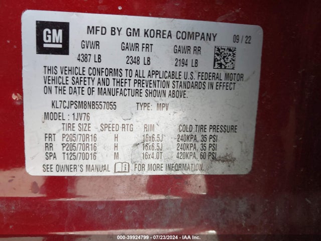 Chevrolet Trax Awd Lt 2022 KL7CJPSM8NB557055 Image 9