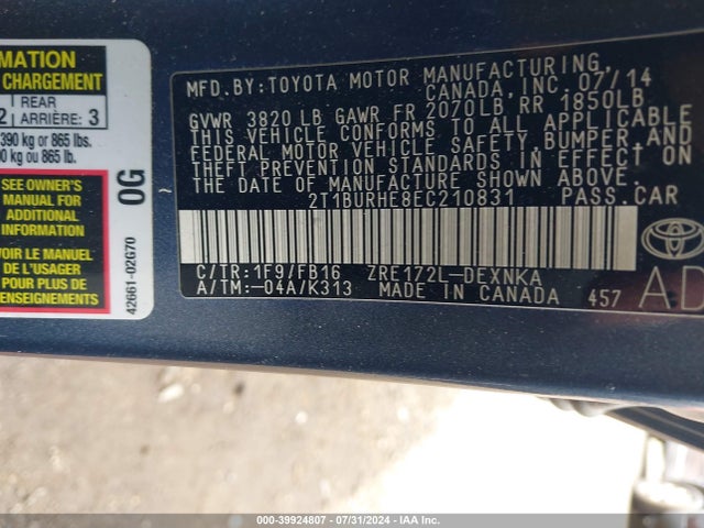 Toyota COROLLA LE 2014 2T1BURHE8EC210831 Image 9