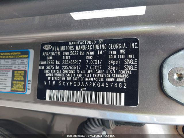 5XYPGDA52KG457482 KIA Sorento 3.3l Lx