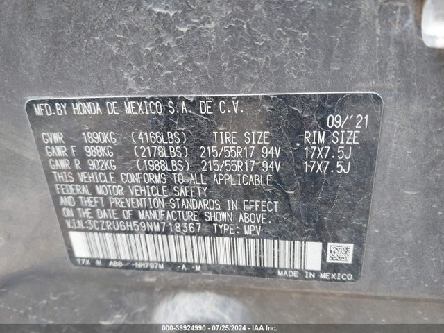 Honda Hr-v Awd Ex 2022 3CZRU6H59NM718367 Image 9