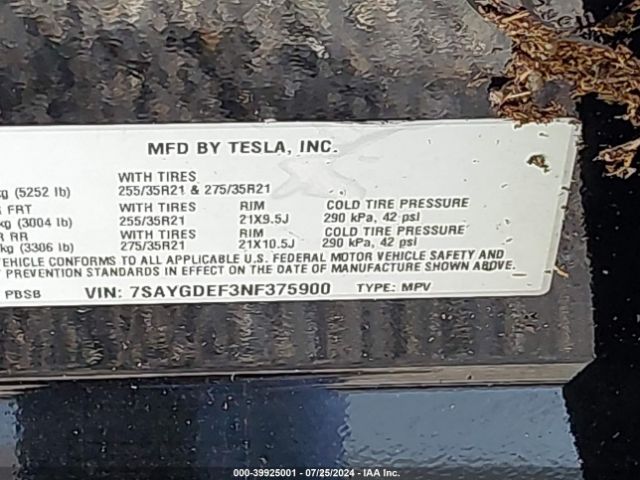 7SAYGDEF3NF375900 Tesla Model Y Performance Dual Motor All-wheel Drive