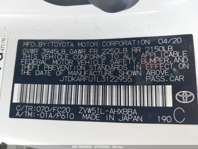 Toyota Prius L Eco 2020 JTDKARFU1L3122955 Image 9