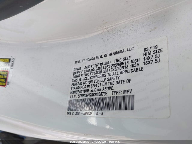 Honda Odyssey Ex-l 2019 5FNRL6H70KB088703 Image 9