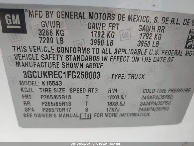 Chevrolet Silverado 1500 2lt 2015 3GCUKREC1FG258003 Image 9
