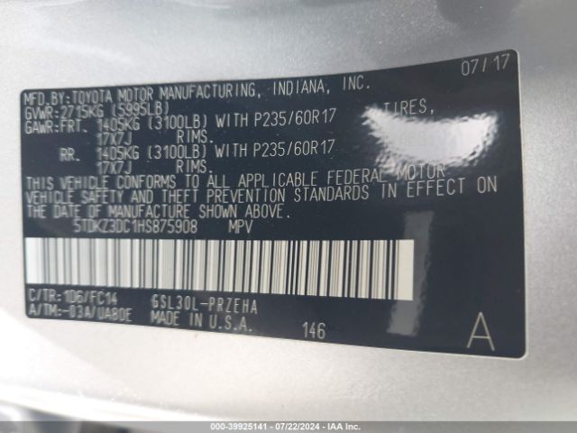5TDKZ3DC1HS875908 Toyota Sienna Le 8 Passenger